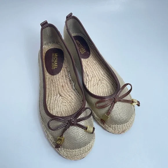 Michael Kors Meg Gold Metallic Logo Espadrille Flats Bow Slip On Jute Ballet Fla - Picture 3 of 5